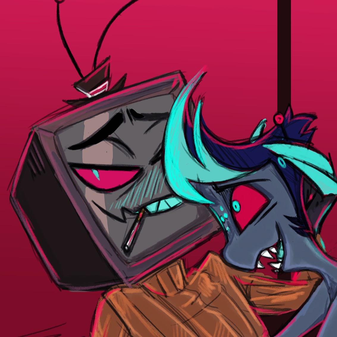 Vox and Ethan hanging out in a completely work appropriate way. Full version's on my bluesky since insta says absolutely fuckin not.

#hazbinhotel #vox #hazbinethan