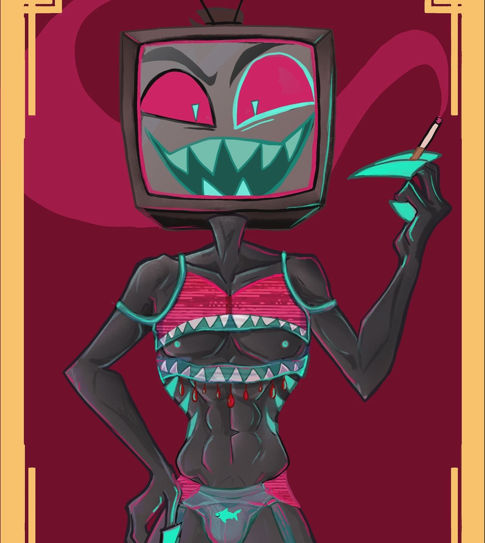 Another card from the @infernofest.intl tcg, this time CRT/box Vox. That little shit is up to bo good. Featuring period accurate nipnops. #hazbinhotel #vox